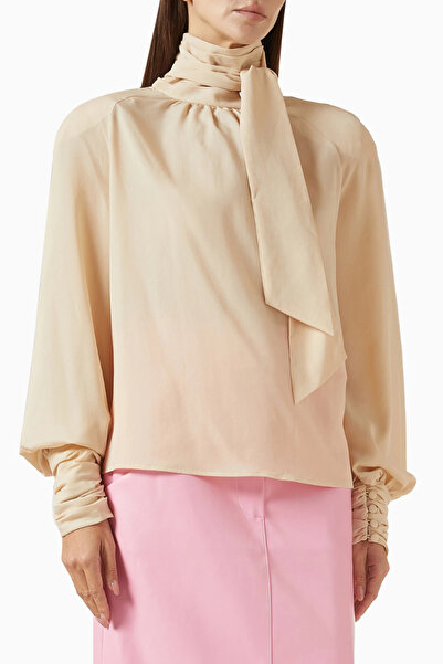 ROWEN ROSE Oversized Bow-neck Blouse, Lüks Georgette Yüksek Yakalı Şık Balon ...