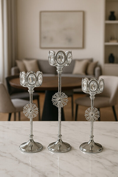 MİS KİTCHEN Kristal Taş Detaylı 3’lü Dekoratif Şamdan Seti – Gümüş Renk Lüks ...