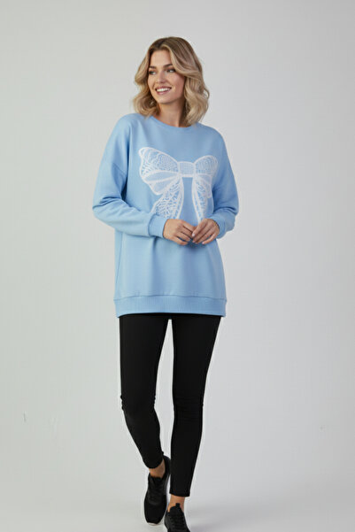 KOZİA OUTDOORS Γυναικείο φούτερ oversize με λευκή δαντέλα και σχέδιο κορδέλας