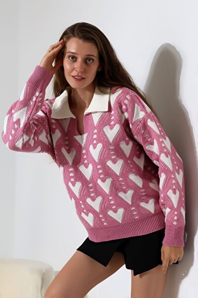 LADY HAZAL Pembe V Yaka Yumuşak Dokulu Desenli Triko Tesettür Kazak