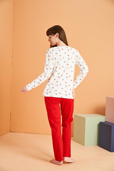 PJS Kadın Yuvarlak Yaka Patlı Uzun Kol Pijama Takımı %100 Pamuk İnterlok Kumaş