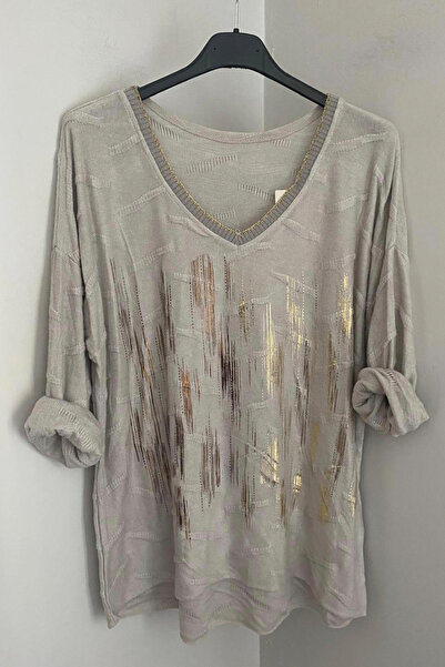 AYASOFYA OTANTIK Γυναικεία ιταλική μπλούζα με μπεζ λαιμόκοψη σε σχήμα V με υφή με σχέδια, χαλαρή μακρυμάνικη πλεκτή μπλούζα