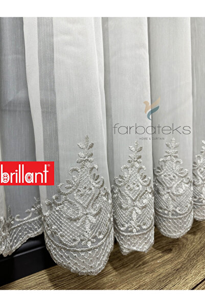 Brillant Şehrazat Silver Motif Embroidered 3-Layer Pleated Non-Iron Living Room Tulle Curtain