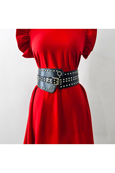 velve Corset belt with buckle Teo Star, elastic, made of eco-leather with metal details, Black