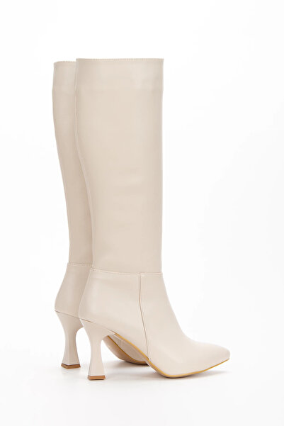 MFT AYAKKABI Cizme de damă bej, până la genunchi, cu vârf ascuțit, cu toc subțire, cu fermoar