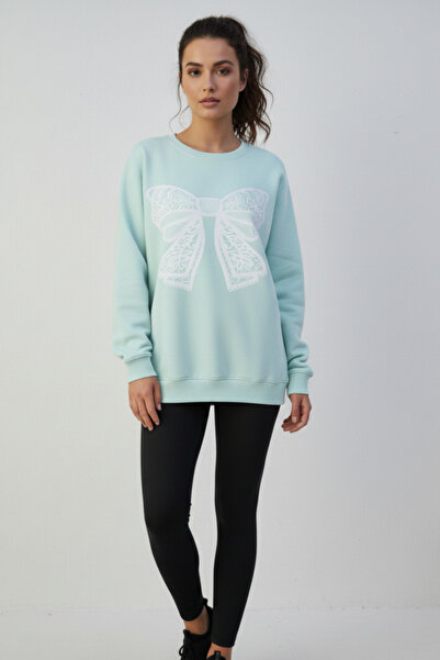 KOZİA OUTDOORS Γυναικείο φούτερ oversize με λευκή δαντέλα και σχέδιο κορδέλας