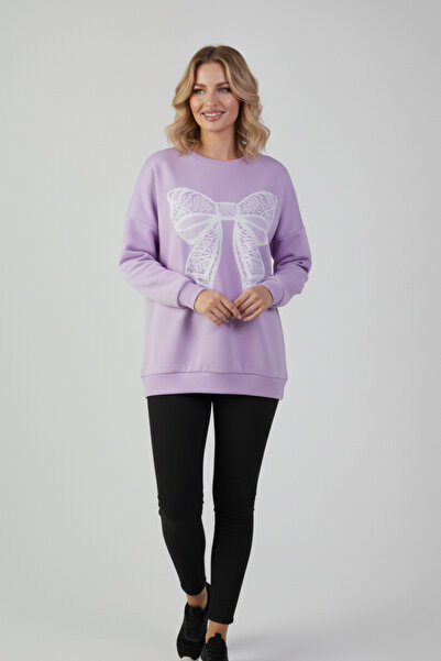 KOZİA OUTDOORS Γυναικείο φούτερ oversize με λευκή δαντέλα και σχέδιο κορδέλας