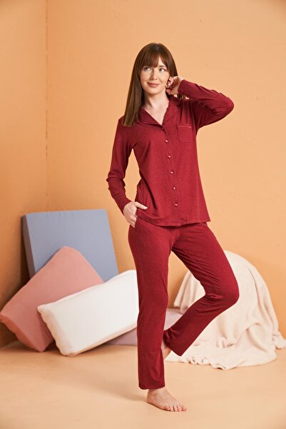 PJS Kadın Biyeli Düğmeli Cepli Uzun Kol Pijama Takımı Yün Viskon Kumaş