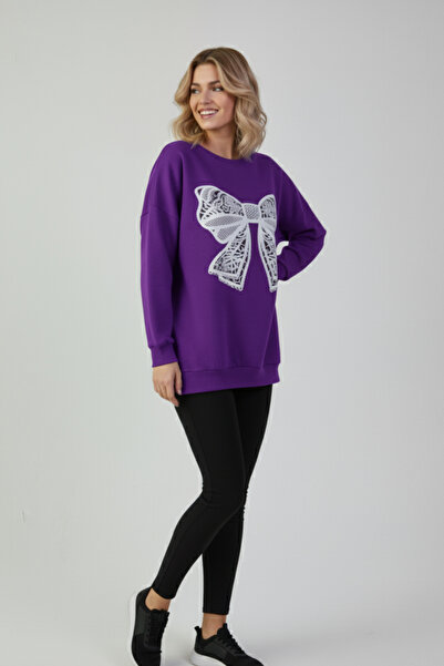 KOZİA OUTDOORS Γυναικείο φούτερ oversize με λευκή δαντέλα και σχέδιο κορδέλας