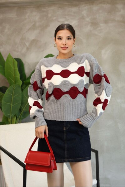 LADY HAZAL Gray Crew Neck Cropped Soft Textured Patterned Knitwear Hijab Sweater