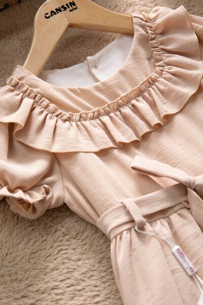 Cansın Mini Кафеникава рокля с къси ръкави и плисета за момичета 22672