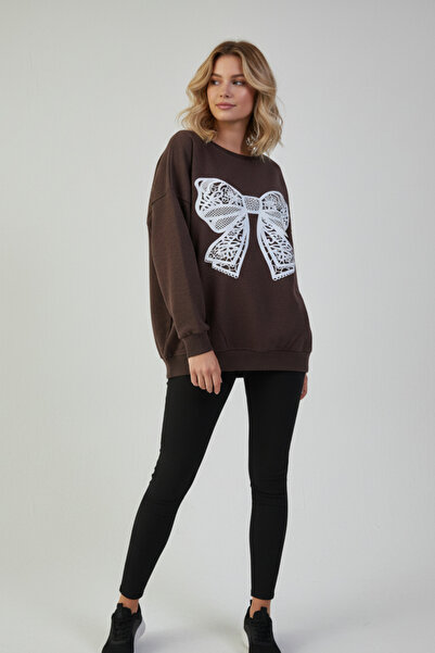 KOZİA OUTDOORS Γυναικείο φούτερ oversize με λευκή δαντέλα και σχέδιο κορδέλας