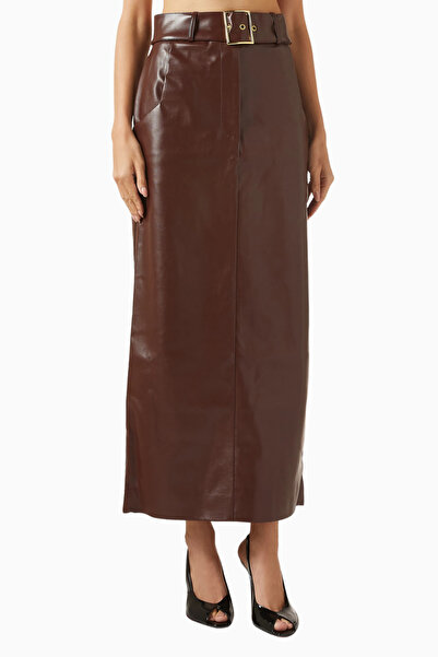 ROWEN ROSE Belted Maxi Skirt, Luxurious Brown Eco Leather Belted Stylish Maxi...