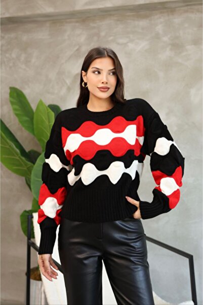 LADY HAZAL Μαύρο πουλόβερ με λαιμόκοψη με μαλακό μοτίβο πλεκτό πουλόβερ Hijab