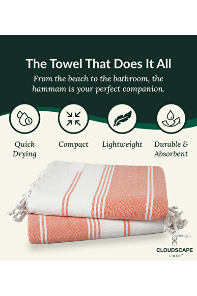 Cloud Scape Linen Turkish Beach Towel Set of 2, 39x71 inches Oversized Lightweight 100% Cotton Hammam Towel