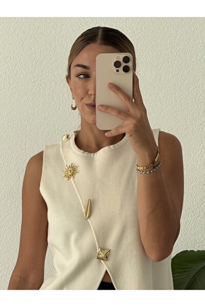 pelish Asimetrik Gold Aksesuarlı Triko Bluz