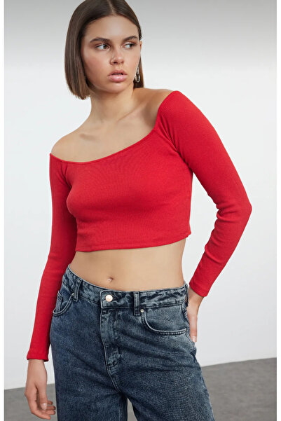Nokta Carmen Collar Ribbed Stretchy Knit Blouse Super Crop