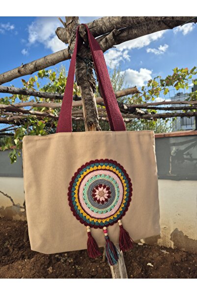 Handream Large Mandala Detailed Cream Duck Fabric Bag