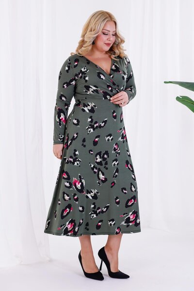 Madwilo Women's Green Tiger Pattern Double Breasted Collar Plus Size Stretchy Maxi Dress