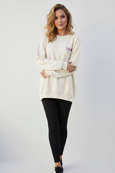 KOZİA OUTDOORS سويت شيرت نسائي كبير الحجم مع تفاصيل شريط وردي على الظهر