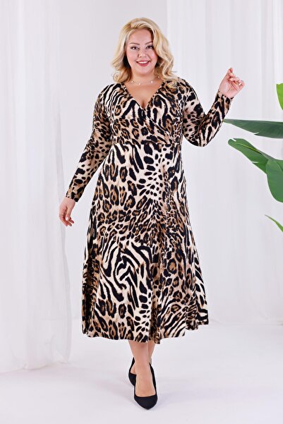 Madwilo Γυναικείο φόρεμα μάξι με διπλό γιακά σε καφέ λεοπάρ σχέδιο, ελαστικό, μεγάλου μεγέθους