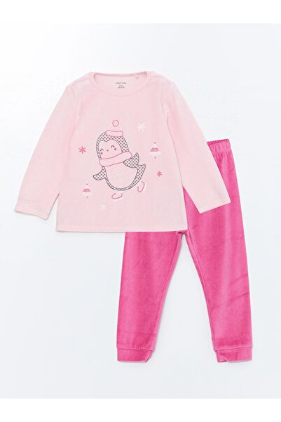 LC Waikiki LCW baby Pembe Bisiklet Yaka Kadife Kız Çocuk Pijama Takımı