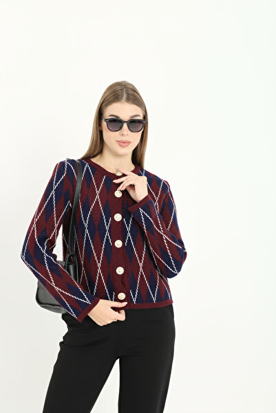 OWERALL Women's Gold Buttoned Diamond Pattern Crew Neck Cardigan