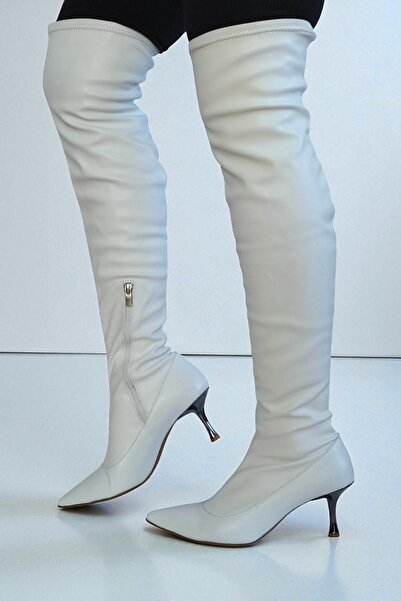 ERS Air Comfort White Genuine Leather Women's Stretch Over-The-Knee Boots Metal 7 cm Pointed Toe