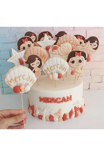 Tatlı Armağanlar Standlı Çubuklu İsimli Yenidoğan Bebek İstiridye Yıldız ve Deniz Kızı Model Butik Kurabiye - 15 Adet