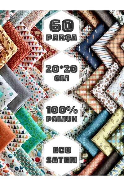 FabricMarket 100% Cotton Satin Fabric – 60 Pieces 20X20 Cm, Nature, Camping and Geometric Patterned, for Patchwork