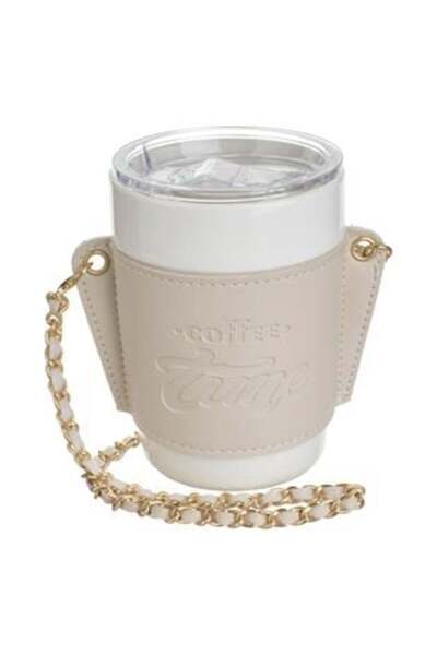 SHOPIENS Cană ceramică bej cu mâner și lanț din piele artificială, 420 ml