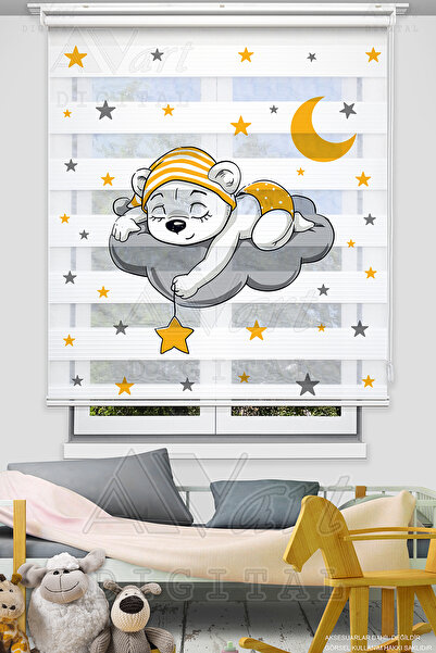 Avart Digital Sevimli Uyuyan Ayıcık Baskılı Zebra Perde - Sarı - Çocuk Odası ...