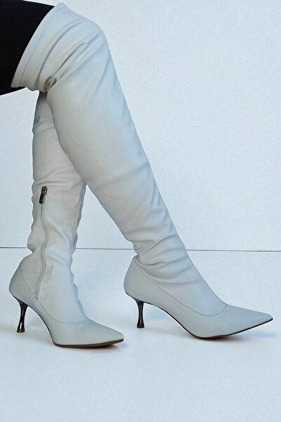 ERS Air Comfort White Genuine Leather Women's Stretch Over-The-Knee Boots Metal 7 cm Pointed Toe