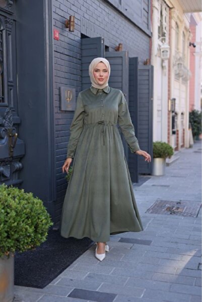 By Pommes Life Women's Half Placket Buttoned Lace-Up Corduroy Hijab Dress