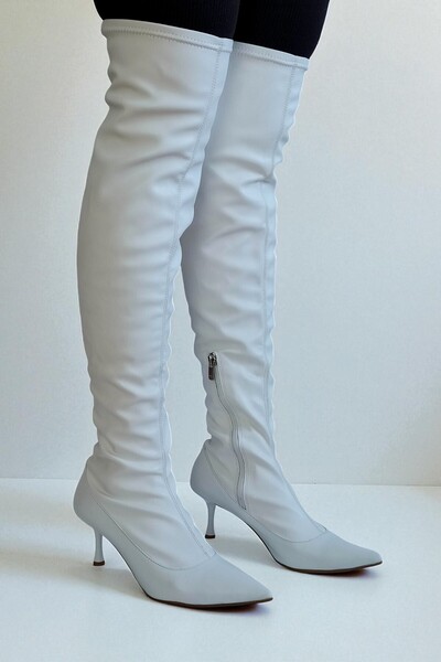 ERS Air Comfort White Genuine Leather Women's Stretch Over-The-Knee Boots 7 cm Pointed Toe