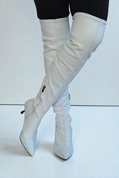 ERS Air Comfort White Genuine Leather Women's Stretch Over-The-Knee Boots Metal 7 cm Pointed Toe