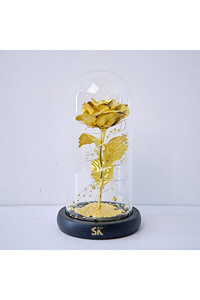 velve Trandafir artizanal in cupola, cu petale pe blat negru, LED, Gold