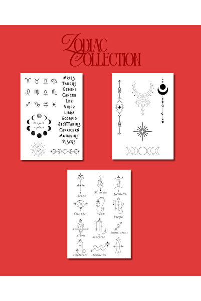 Zodiac Yarı Geçici Dövme 3'lü set 45 çeşit (Gerçek Dövme Görünümü)