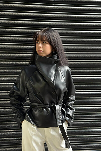 thesunfyre Jachetă scurtă din piele artificială căptușită cu curea pentru femei