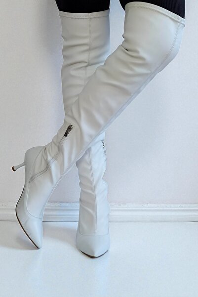 ERS Air Comfort White Genuine Leather Women's Stretch Over-The-Knee Boots 7 cm Pointed Toe