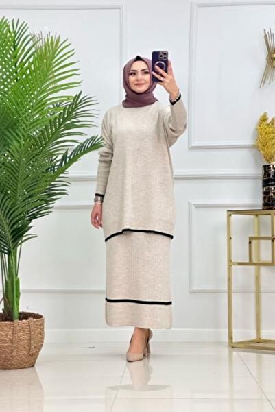 Enans Design Knitwear Fabric Line Detailed Skirted Tunic Double Layered Hijab Suit