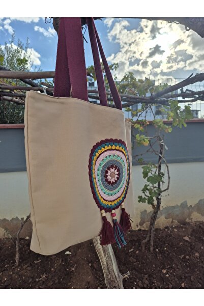 Handream Large Mandala Detailed Cream Duck Fabric Bag