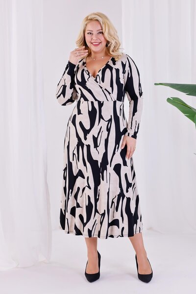 Madwilo Women's Beige Black Abstract Pattern Double Breasted Collar Plus Size Stretchy Maxi Dress