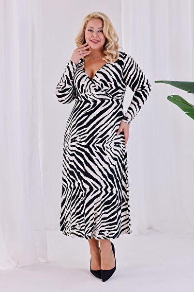 Madwilo Women's Black and White Zebra Pattern Double Breasted Collar Plus Size Stretchy Maxi Dress