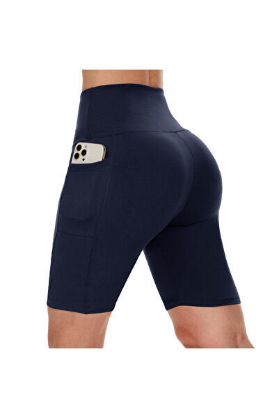 Vitra World Biker Shorts Women With Pockets 8" High Waisted Workout Spandex Tummy Control Gym Running Yoga Blue