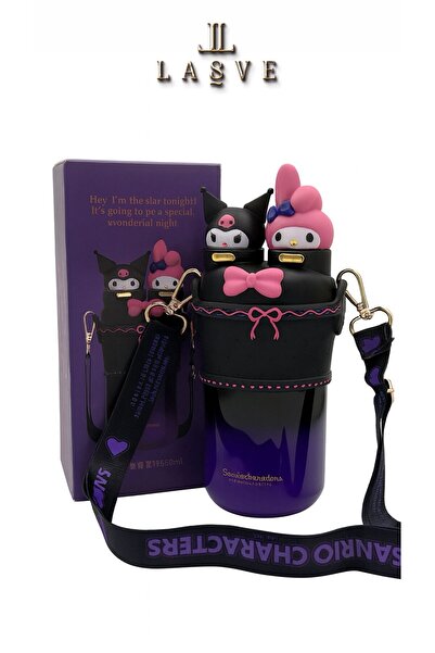 kuromi Licenssed My Melody Figured 2-Lid Steel Water Bottle with Strap, Straw and Normal Drinking Capacity 550 ml