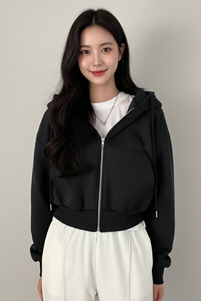 harmony factory Cardigan negru cu glugă Crop