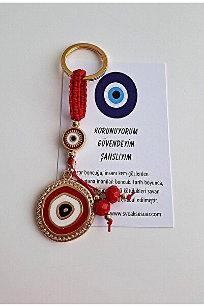 Svc Aksesuar Gift Evil Eye Beaded Modern Keychain - Red 10.5 cm