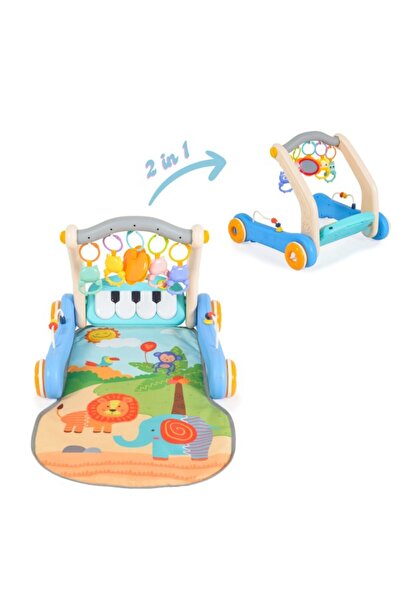 Moni Toys Premergător 2 în 1 pentru bebeluși cu pian și covoraș colorat albastru, jucării interactive și funcții muzicale
