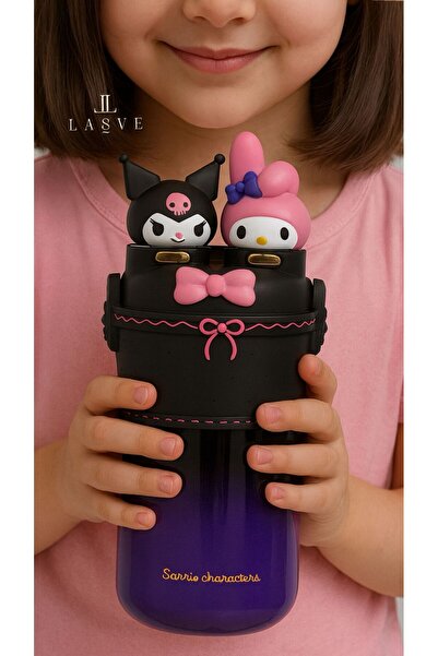 kuromi Licenssed My Melody Figured 2-Lid Steel Water Bottle with Strap, Straw and Normal Drinking Capacity 550 ml